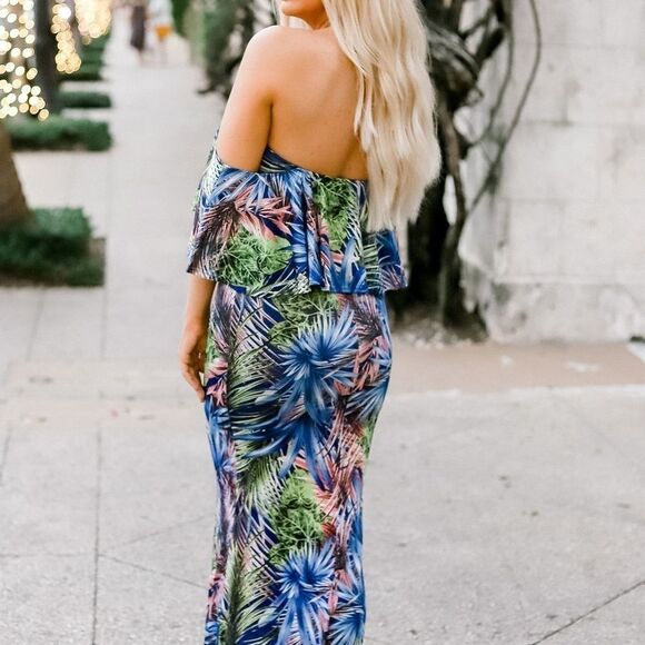 TROPICAL RUFFLE OFF THE SHOULDER DRESS - Picture 5 of 7